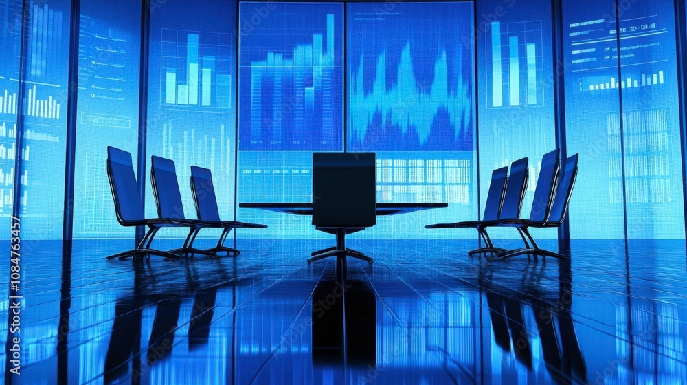 Poster modern corporate conference room with futuristic digital screens displaying financial graphs and dat