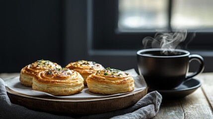 A cozy scene featuring a plate of freshly baked pastries paired with a steaming cup of coffee on a wooden table.