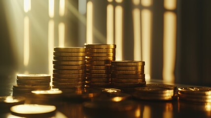 Investment strategy revealed stacked gold coins illuminated by sunlight indoor setting still life photography luxurious concept