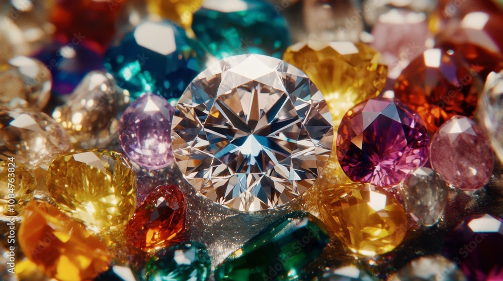 Poster close-up view of a glittering array of colorful gemstones and diamonds showcasing brilliant cuts and