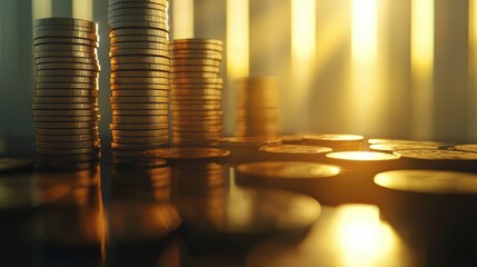 Investment growth action financial sector coin stacks indoor environment close-up view wealth management concept