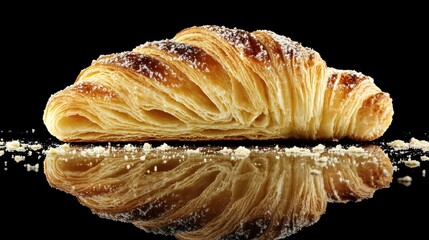 Freshly Baked Golden Croissant with Flaky Layers and Powdered Sugar on Dark Background with Reflective Surface in Studio Lighting
