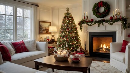 Cozy Living Room with Christmas Tree, Fireplace, and Festive Decorations for a Warm Holiday Mood