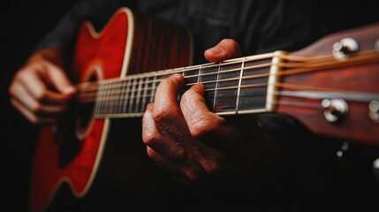 Fototapeta premium Close-up of hands playing acoustic guitar.