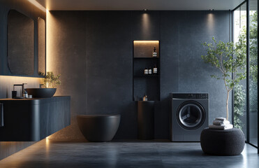Modern Dark Laundry Room with Ambient Lighting and Washing Machine Setup