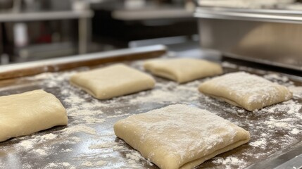Homemade Pastry Dough Ready for Baking on a Flour-Dusted Surface in a Professional Kitchen with Tools and Equipment in the Background