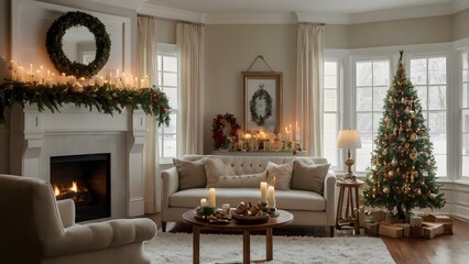 Cozy Living Room with Christmas Tree, Fireplace, and Festive Decorations for a Warm Holiday Mood