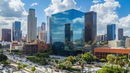 Naklejka premium A Stunning Urban Landscape of Los Angeles Featuring Modern Skyscrapers, Lush Greenery, and Vibrant City Life Under a Bright Blue Sky with Fluffy Clouds