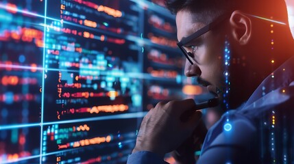 Focused programmer analyzes complex code, engrossed in the digital world.