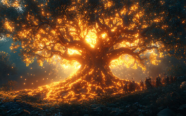 Obraz premium Majestic Ancient Tree: Epic Tournament in Mystical Forest