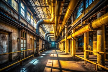 Fototapeta premium Eerie Industrial Hallway with Yellow Pipes in Abandoned Building - Architectural Photography