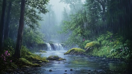 Serene Rain Forest River Landscape