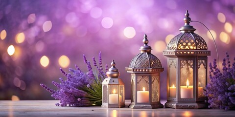 Calming lavender setting with Ramadan lanterns, perfect for personalized messages , lavender, calming