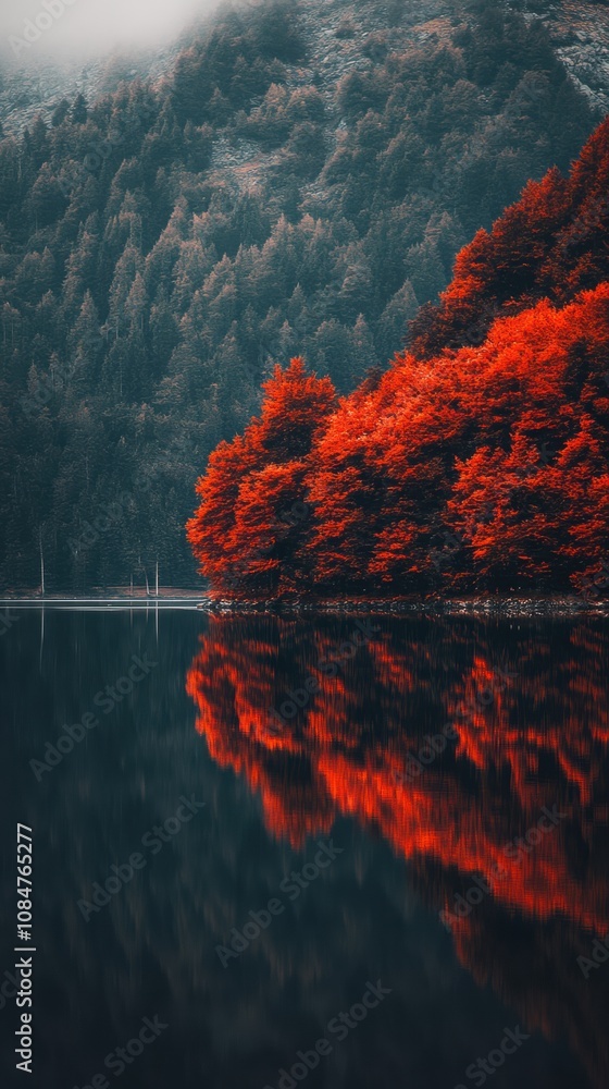 Poster red autumn trees reflecting in a lake with misty mountains in the background