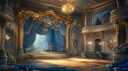 Obraz premium Elegant Historic Theater Interior with Blue Drapes, Luxurious Gold Accents and Natural Light Illuminating the Stage for Unforgettable Performances and Events