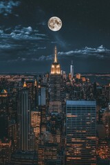 Empire state building illuminating new york city skyline under full moon
