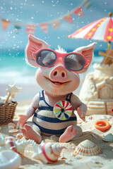 Fototapeta premium A funny little piggy in a striped swimsuit and sunglasses sits on the beach. AI Generated