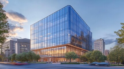Modern Glass Office Building with Reflective Facade Surrounded by Trees and People, Showcasing Urban Architecture and Vibrant City Life at Sunset