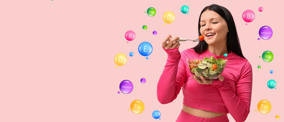 Beautiful young woman with bowl of fresh vegetable salad on pink background. Weight loss concept