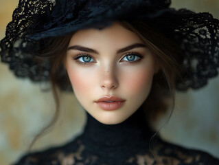 Studio Closeup of Young Woman with Light Skin Tone Striking Blue Eyes Detailed Makeup Vintage Inspired Lace Hat in Soft Lighting Elegant Beauty Shot