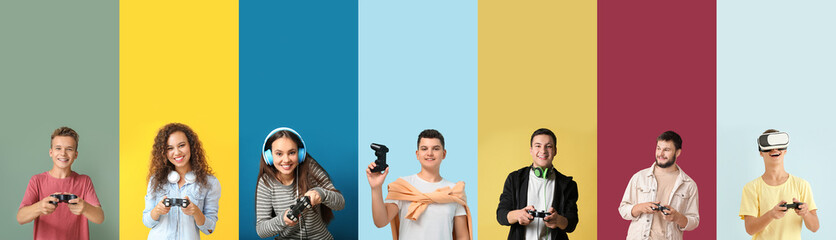 Set of people playing video games on color background