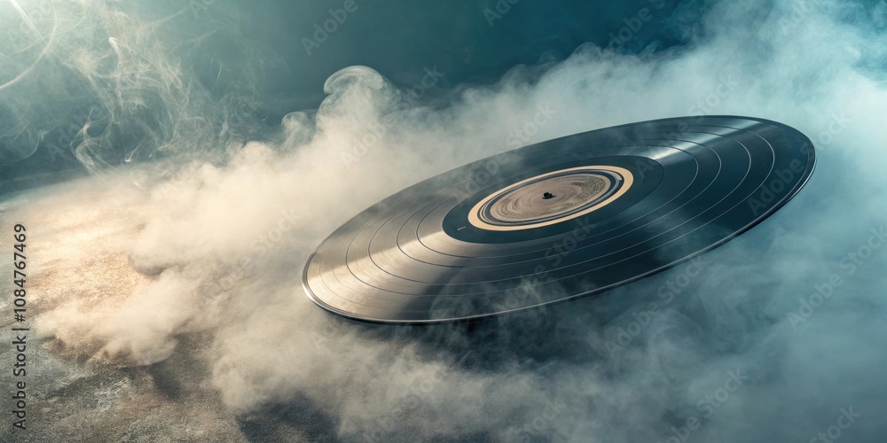 Poster a nostalgic representation of a spinning cd partially obscured by a soft mist as it rotates hypnotic