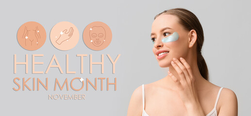 Beautiful young happy woman with healthy skin and under-eye patches on grey background