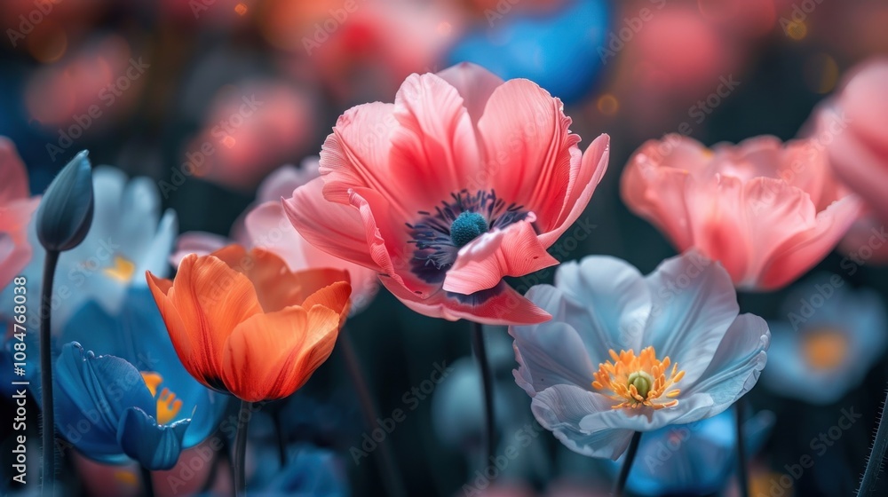 Poster a field of colorful poppy flowers with soft focus and bokeh.