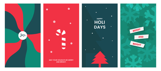 Merry Christmas and Happy New Year greeting card Set.Christmas tree branches, red balls, snowflake pattern.  Modern beautiful Xmas design, Minimal art banner, poster, web cover templates 