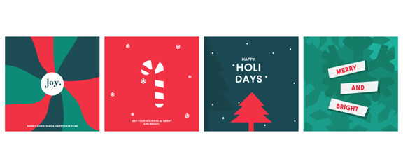 Merry Christmas and Happy New Year greeting card Set.Christmas tree branches, red balls, snowflake pattern.  Modern beautiful Xmas design, Minimal art banner, poster, web cover templates 