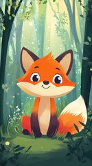 Obraz premium A cute cartoon fox sitting in a lush forest, exuding a cheerful and friendly vibe.