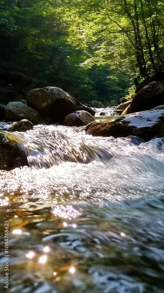 Poster sunlight filtering through trees illuminating flowing river