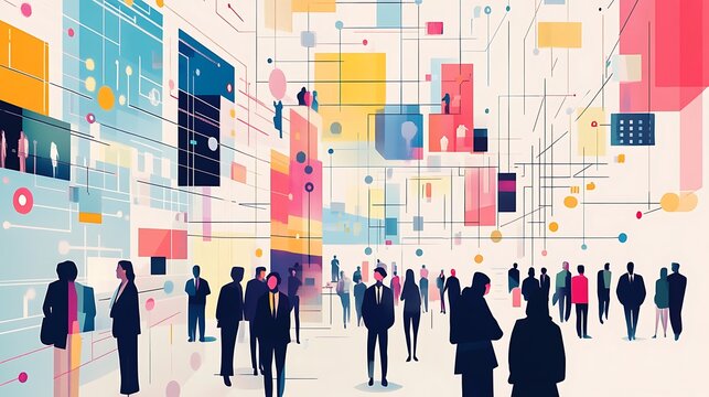 Illustration of complex algorithms visualized as patterns being decoded by business professionals 