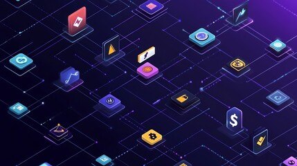 Illustration of financial symbols connected in a decentralized web, representing DeFi systems 
