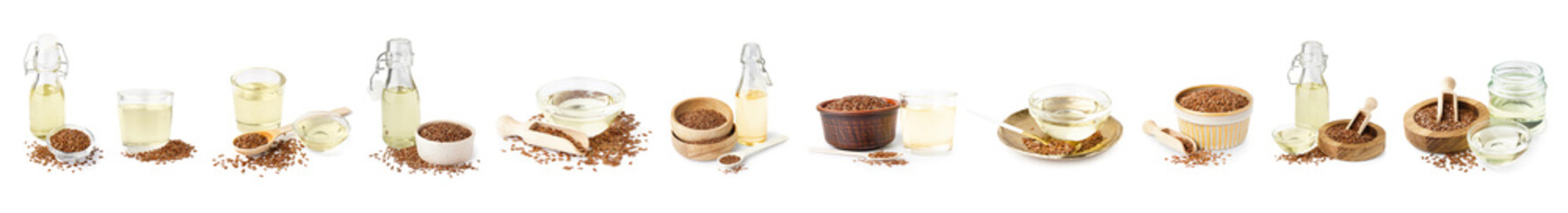 Set of flax oil and seeds on white background