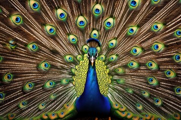 Obraz premium A peacock displaying its magnificent tail feathers in full spread, vibrant colors and intricate patterns. The feathers’ iridescence is highlighted by natural sunlight, emphasizing their beauty.