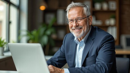 Smiling businessman in office. Gray-haired man,  head of company, uses laptop for work. Portrait of successful man in a business suit
