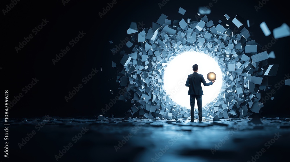 Poster a powerful image of a business leader holding a glowing orb representing innovation and forward thin