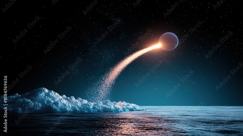 Poster a dynamic visualization of a rocket launching into space, with a trail of glowing light representing