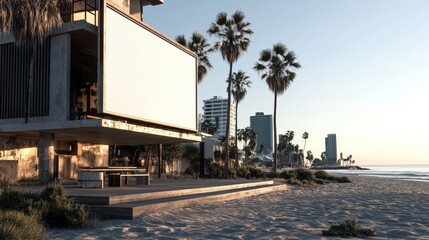 Obraz premium Modern beachfront house with palm trees under clear sky during sunset.