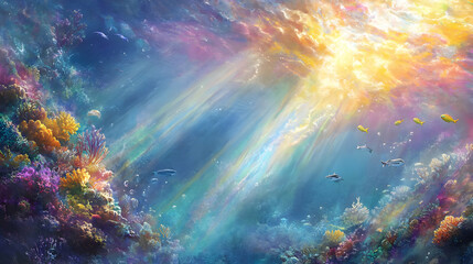 Fototapeta premium A vibrant underwater scene with colorful coral and fish illuminated by sunlight.