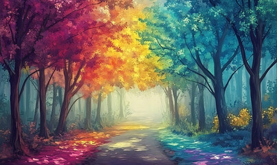 A vibrant forest scene with colorful trees and a serene pathway.