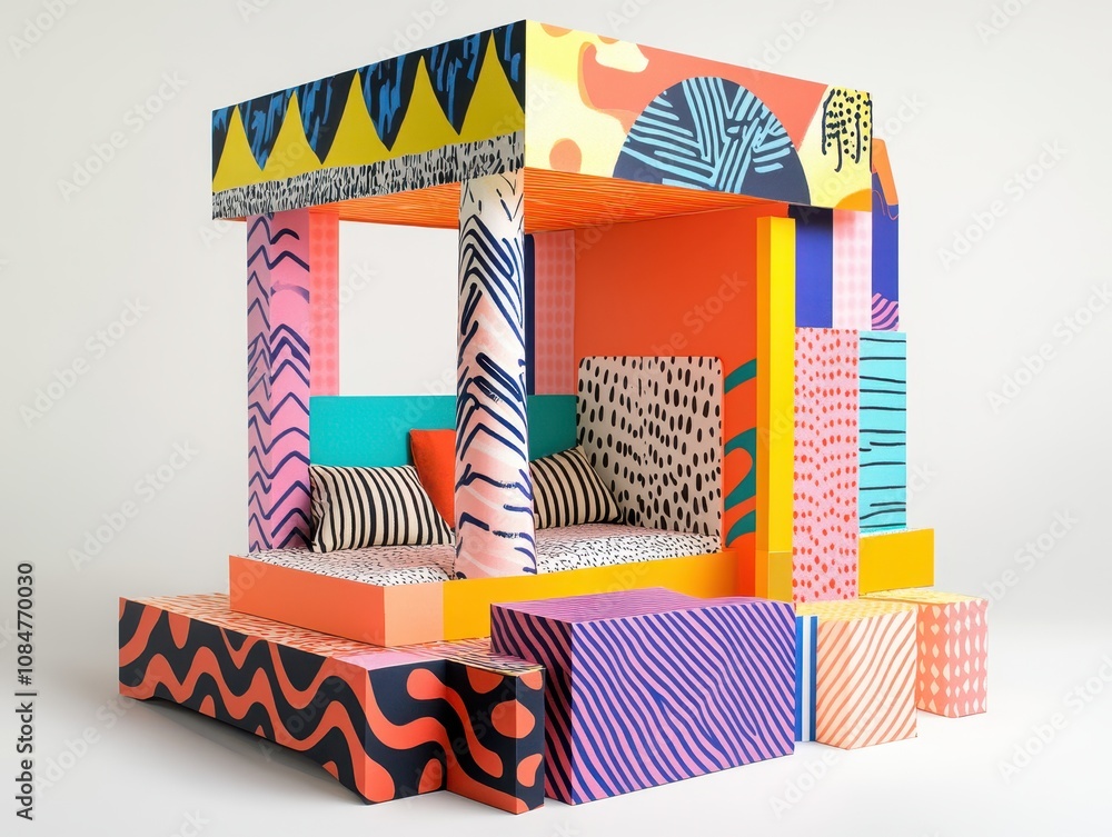 Poster a contemporary popup design featuring a stylish structure adorned with vivid colors and geometric pa