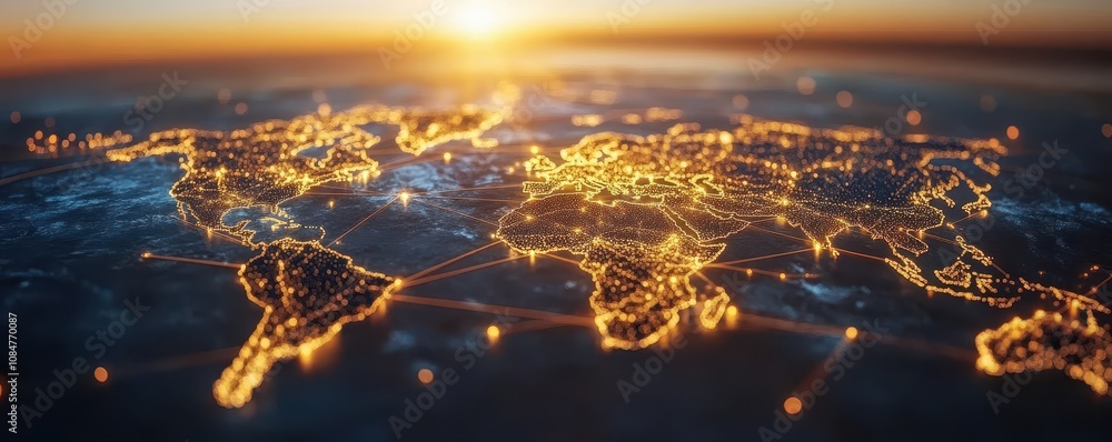 Poster global network connecting continents with data transfer showing socioeconomic impact