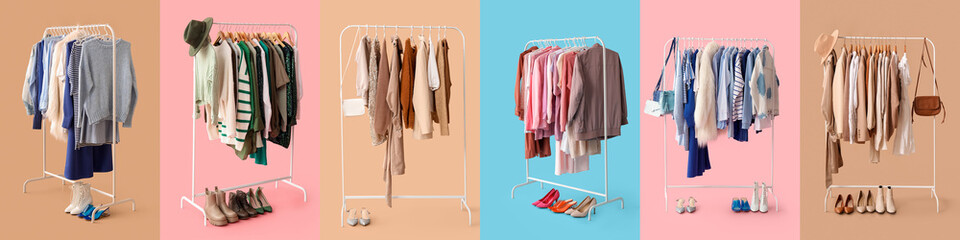 Collage of racks with stylish clothes on color background