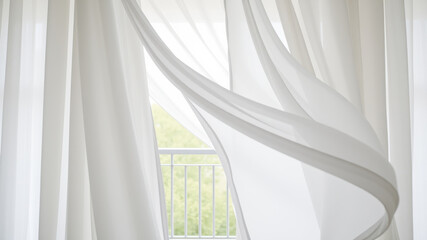 Fototapeta premium Soft flowing white curtains gently sway in breeze, creating serene atmosphere