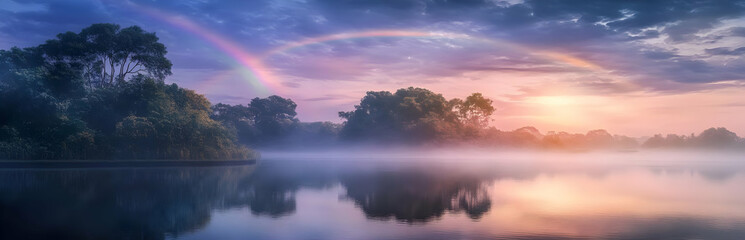 Fototapeta premium A serene landscape featuring a rainbow over a misty lake at sunrise.