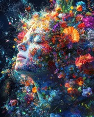 Ethereal portrait of a woman adorned with vibrant flowers. Generative AI image