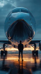 Man standing on airplane nose. Generative AI