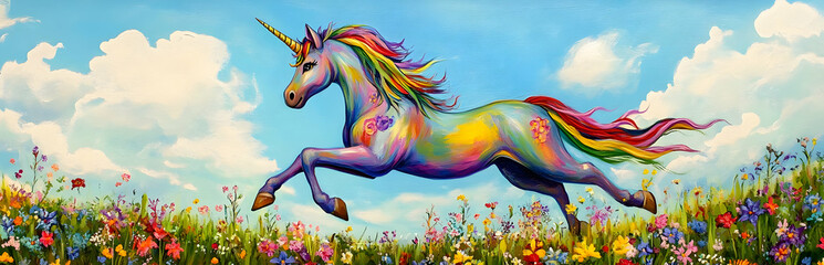 Obraz premium A vibrant unicorn leaps through a field of colorful flowers under a bright blue sky.